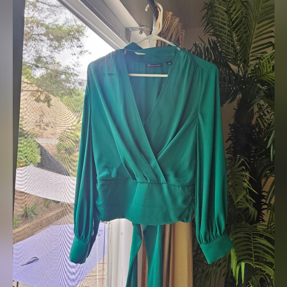 New York & Company Green Wrap Blouse Relaxed Fit